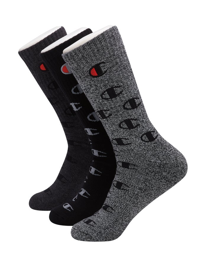 Champion Mens Socks NZ - Crew All Over Logo 1-Pair Black/Grey ( 2084-HKRCE )